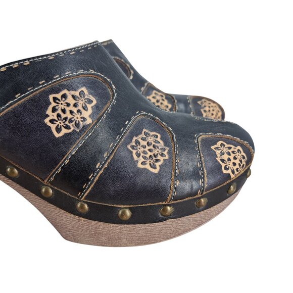 Spring Step Marietta Black Leather Heel Clog Size 40 US 9 Turkish Tooled Floral - Picture 12 of 12